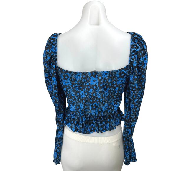 Zara Blue Multicolor Floral Square Neck Long Sleeve Peplum Crop Top Blouse Sz S - Picture 2 of 4